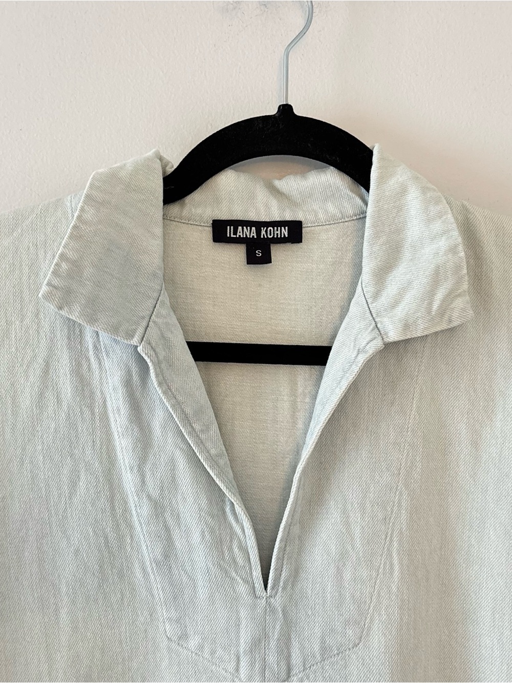 Ilana Kohn Denim Short Sleeve Blouse Flowy Boxy Oversized Collar Blue - Picture 2 of 4